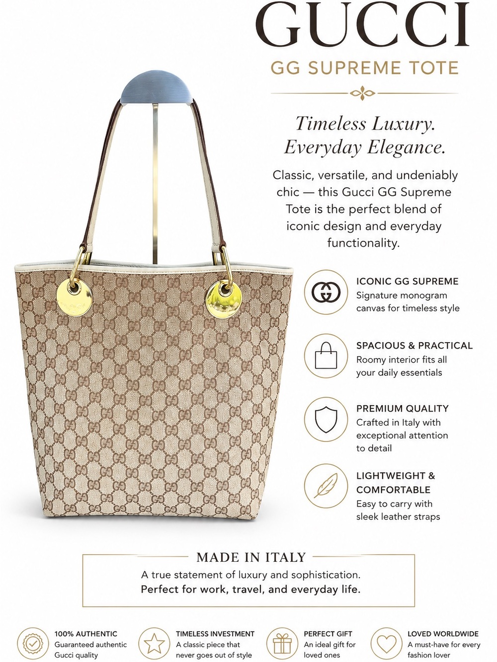 Gucci GG Monogram Tote Bag | Made in Italy | Gold Hardware|COA Inluded| - Picture 3 of 13
